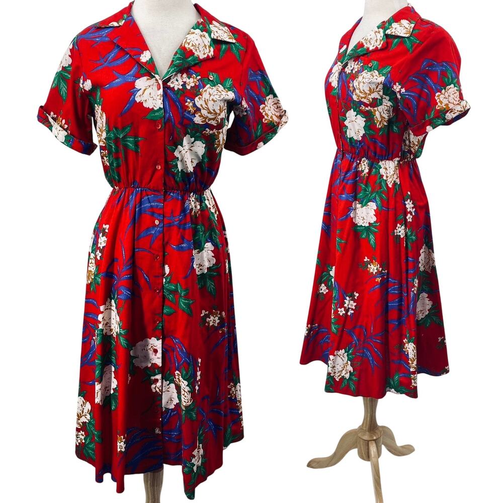 Vintage 80s 90s Hawaiian Print Floral Shirt Dress Cotton Midi Fit & Flare Red XS